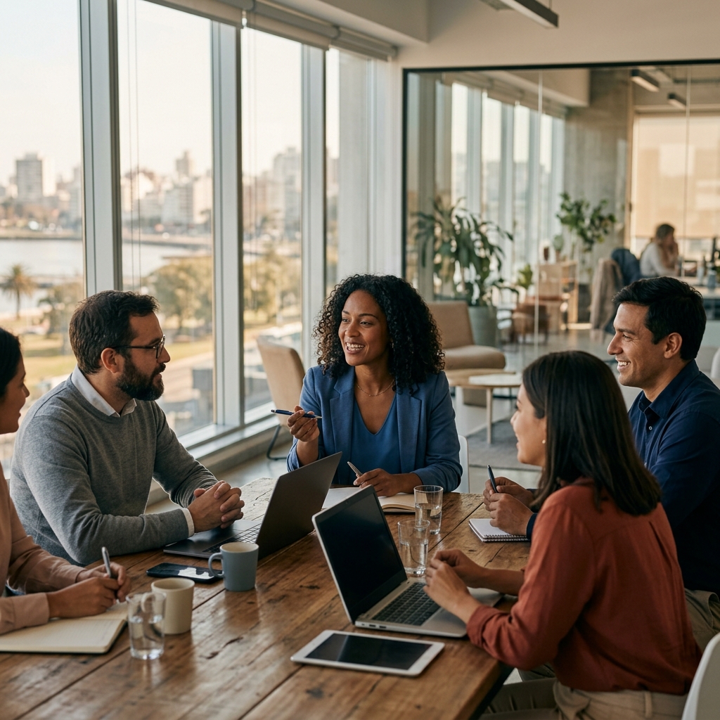 Equipo de gestión de Capital Humano en un entorno laboral profesional colaborativo en Uruguay