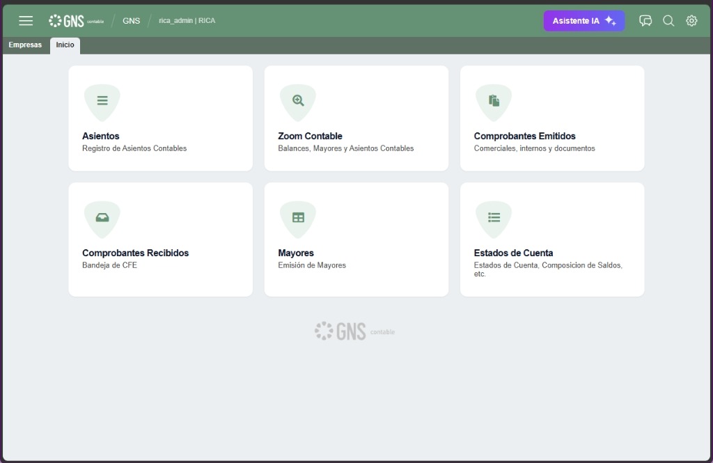Pantalla de inicio de GNS Contable con accesos directos a asientos, comprobantes y estados de cuenta