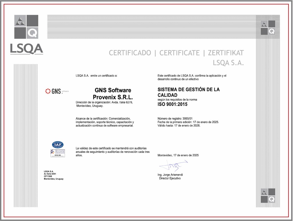 Certificado ISO 9001:2015 - GNS Software Provenix S.R.L. emitido por LSQA